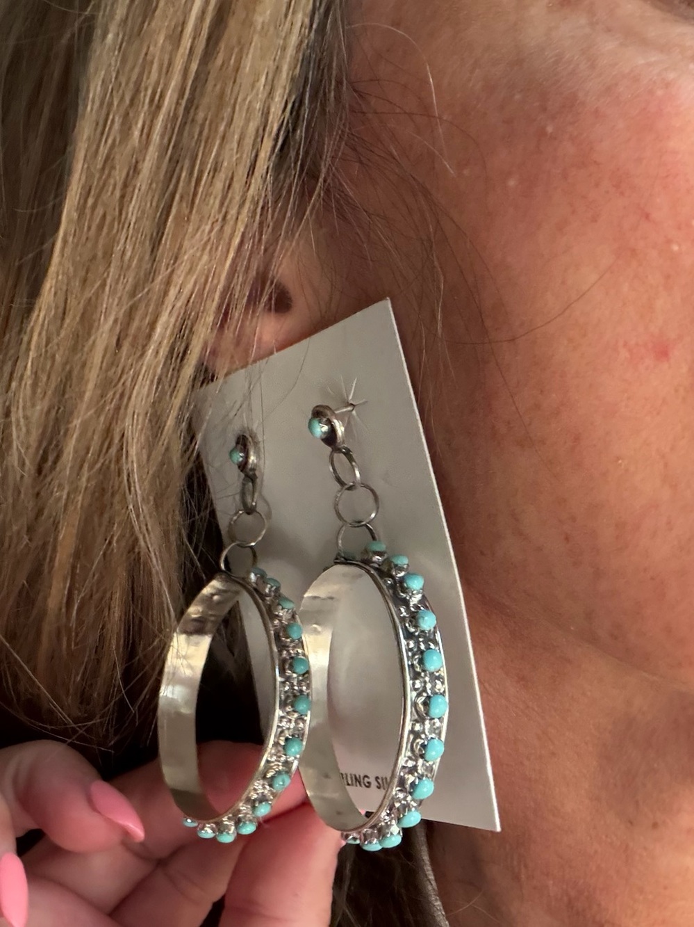 Joan Cheame Zuni handmade Hoop Earrings with Turquoise Accents
